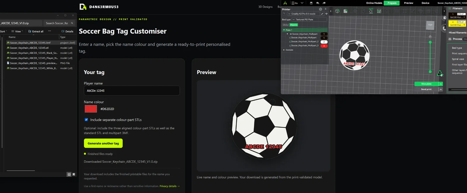Soccer tag customiser, generated files and Creality Print used during the long-name validation test